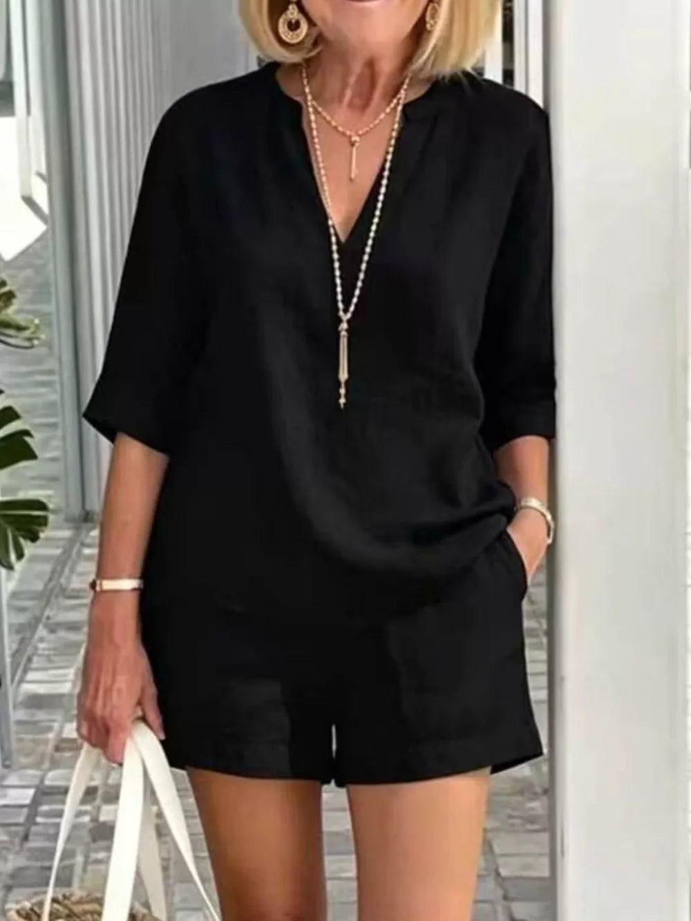 Full Size Half Sleeve Top And Shorts Set, close-up detail