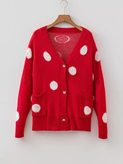 Polka Dot Button Front Oversized V Neck Cardigan in Deep Red, back view
