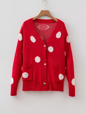 Polka Dot Button Front Oversized V Neck Cardigan in Deep Red, back view