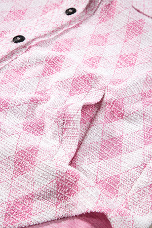 Pink diamond weave shacket with button details and textured fabric.