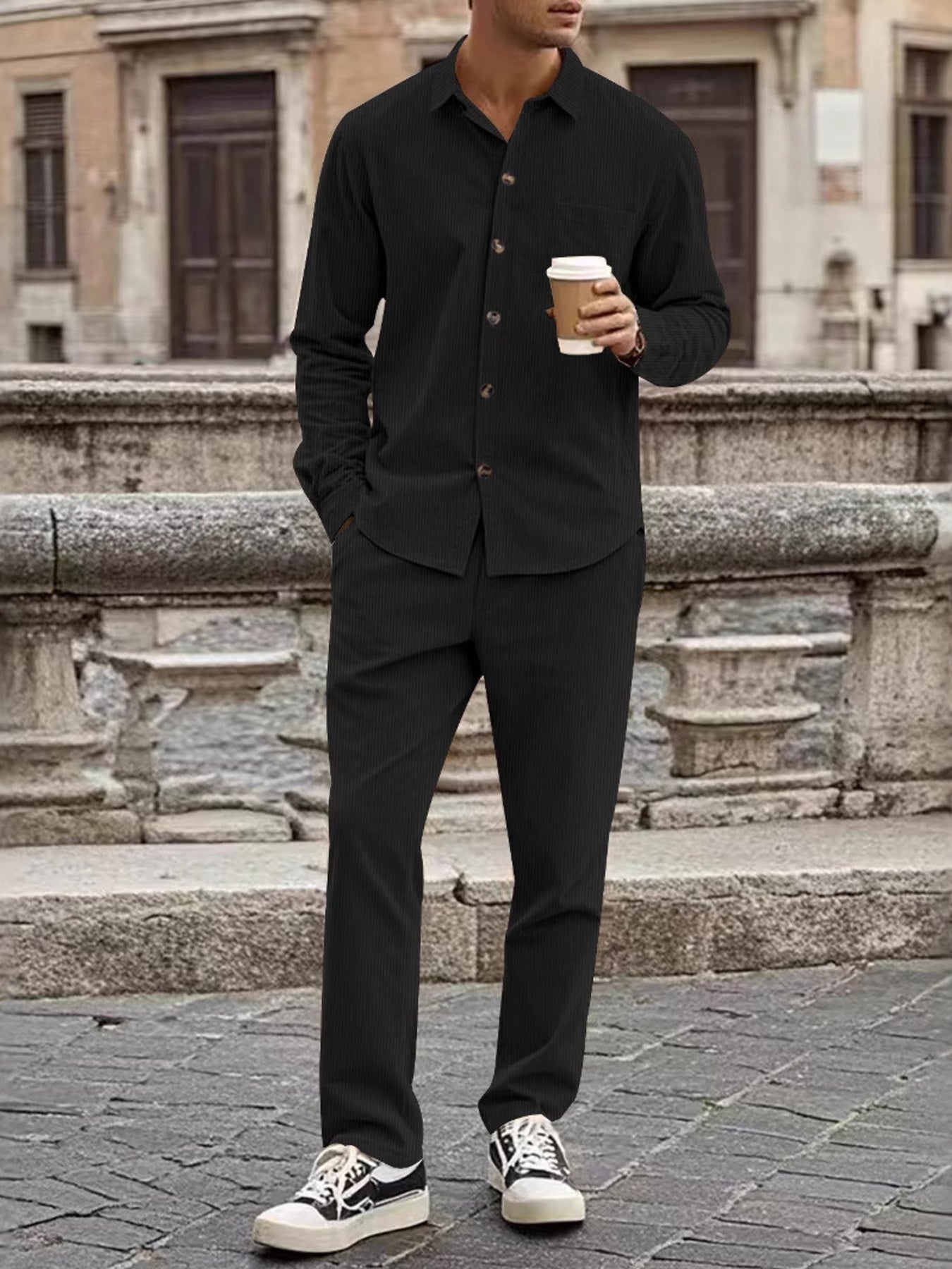 Men's Full Size Button Up Long Sleeve Shirt And Pants Set, fit detail