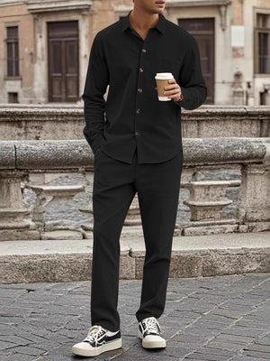 Men's Full Size Button Up Long Sleeve Shirt And Pants Set, fit detail