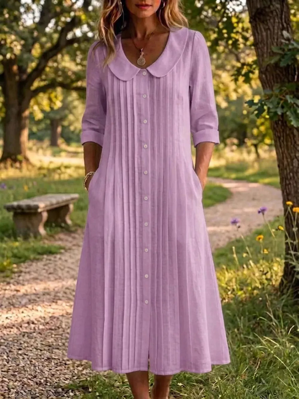 Peter Pan Collar Button Down Dress Plus Size, front view