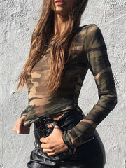 Sheer camouflage long sleeve tee in army green with a body-hugging fit.