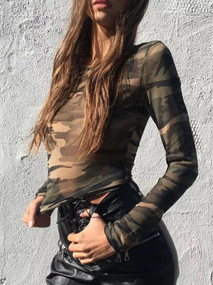 Sheer camouflage long sleeve tee in army green with a body-hugging fit.