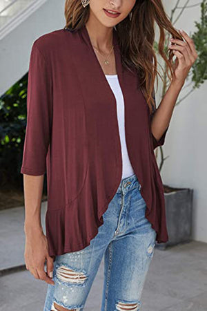 Burgundy waterfall cardigan with asymmetric hemline and 3/4 sleeves.