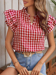 Gingham ruffle sleeve blouse in red and white with a ruffled neckline and v-neck.