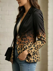 Chic ombre leopard print blazer with buttoned front and notched lapels.