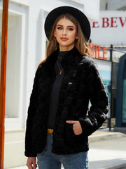 Black textured grid zip-up jacket with stand collar and pockets