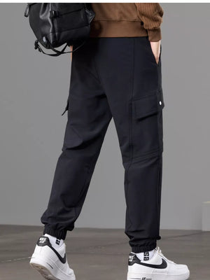 Men S Casual Cargo Pants With Drawstring Waist in Khaki, alternate angle