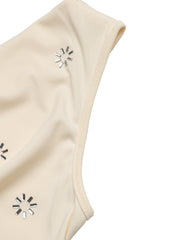 Cream sleeveless bodysuit with cowl neck and scattered rhinestone embellishments.