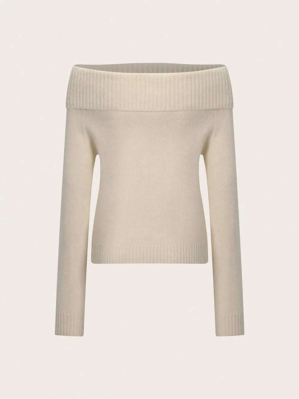 Ribbed Knit Off Shoulder Sweater in Beige, model styling view