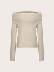 Ribbed Knit Off Shoulder Sweater in Beige, model styling view