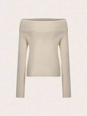 Ribbed Knit Off Shoulder Sweater in Beige, model styling view