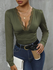 Lace trim bodysuit in olive green with a deep V-neck and long sleeves.