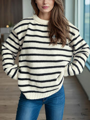 Breton stripe relaxed knit sweater in white with black stripes, acrylic, crew neck, long sleeves.