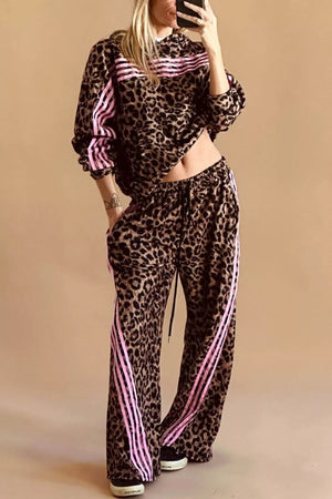Leopard Print Striped Long Sleeve Top Pant Set in Coffee Brown, side view