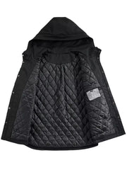 Black hooded jacket with quilted lining and snap-down front.