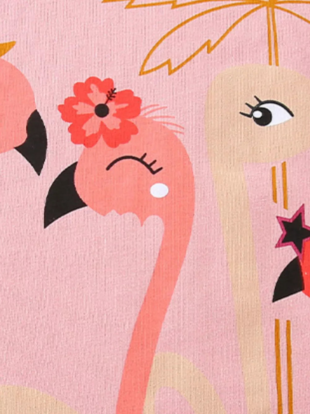 Pink cotton t-shirt with flamingo graphic and floral detail.