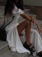 Elegant Puff Sleeve Maxi Dress With Slit