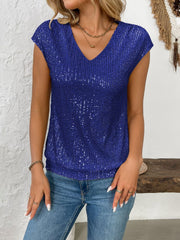 Royal blue sequined cap-sleeve V-neck blouse with vertical sequin pattern.