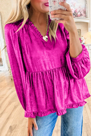 Hot pink satin peplum blouse with ruffled neckline and hem