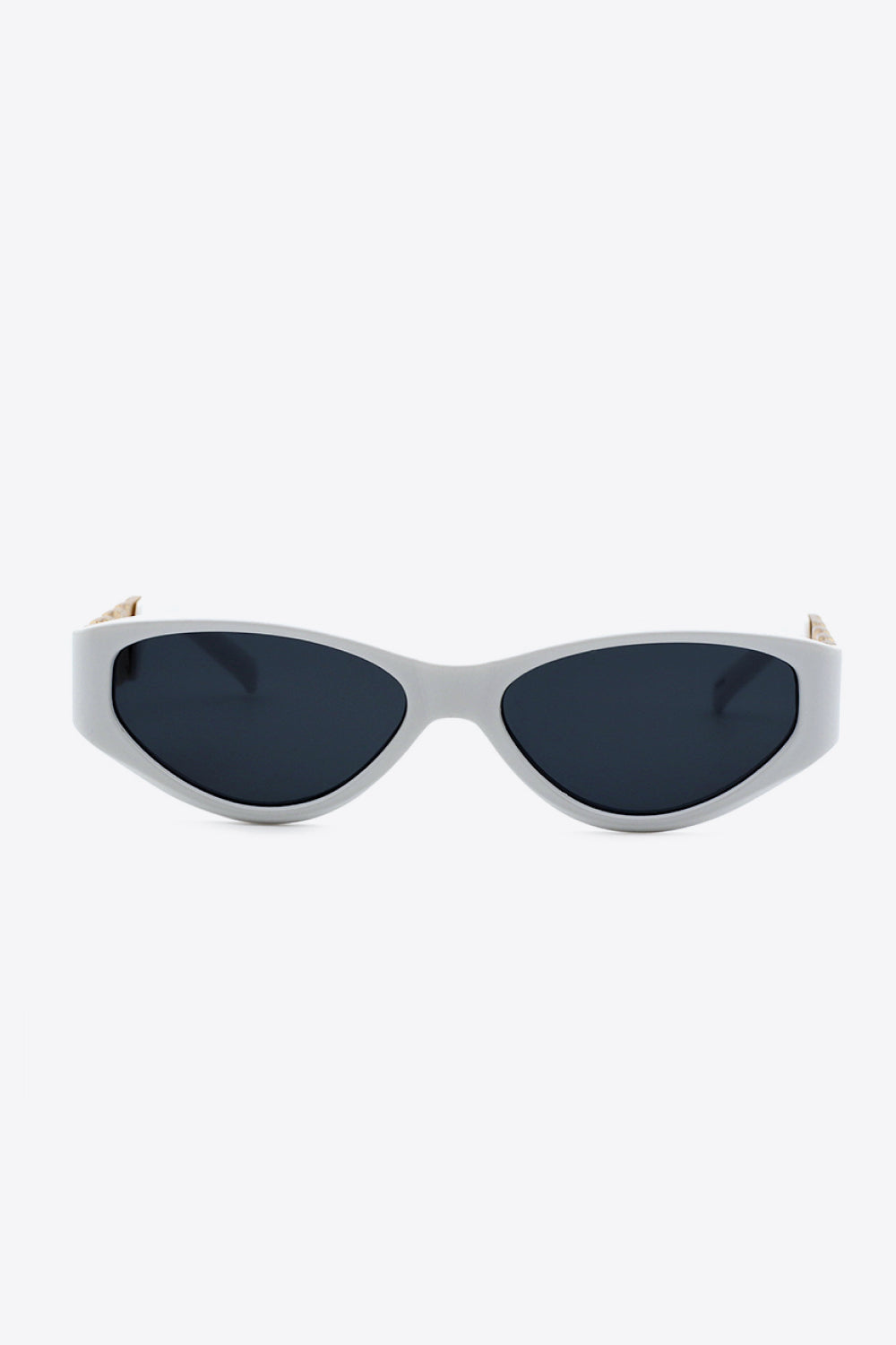 White frame cat-eye sunglasses with dark lenses and chain detail on temples.
