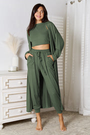 Army green loungewear set with crop top, drawstring pants, and open cardigan.