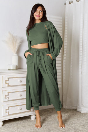 Army green loungewear set with crop top, drawstring pants, and open cardigan.