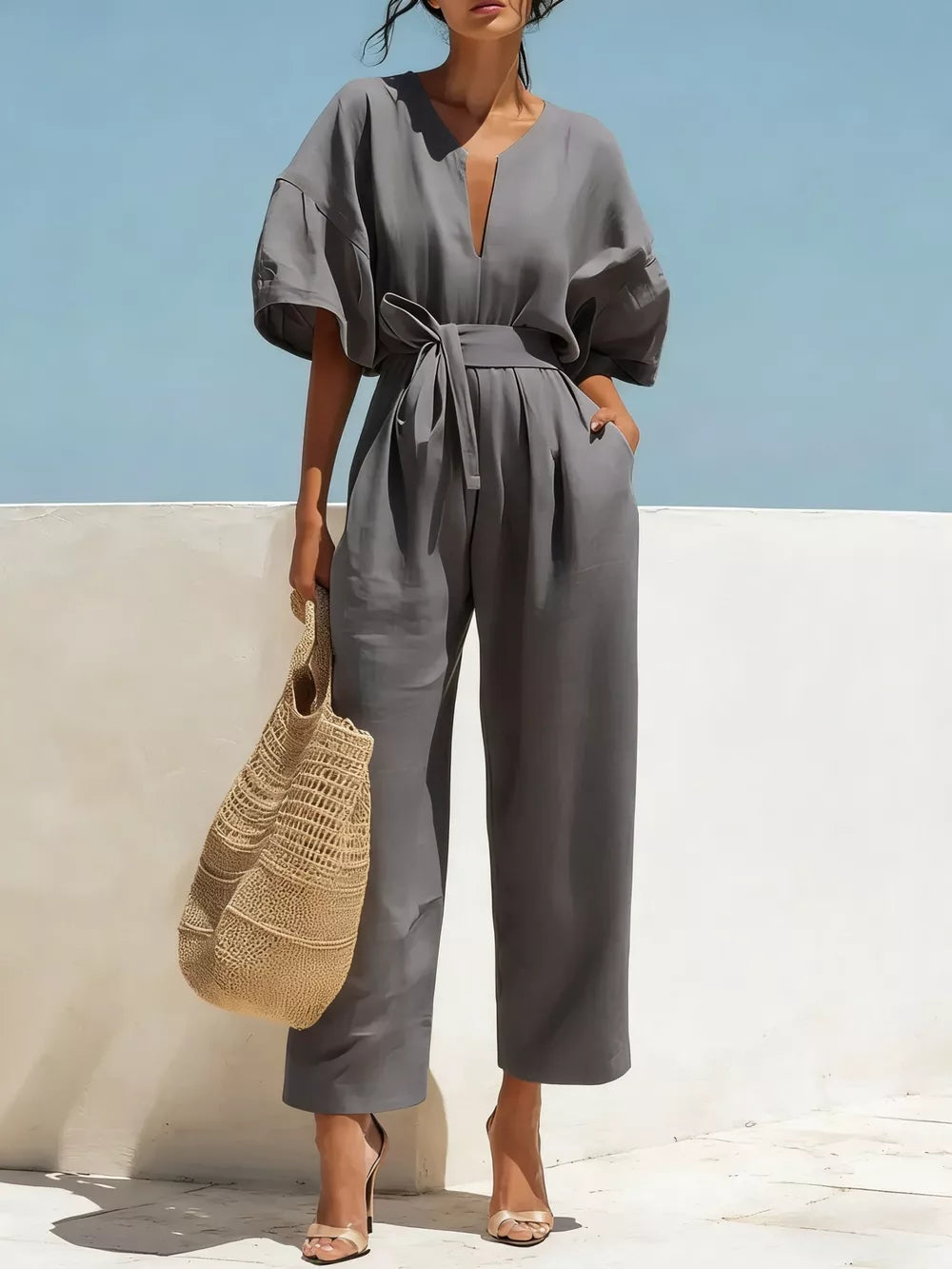 Tie Waist Wide Leg Jumpsuit, product detail