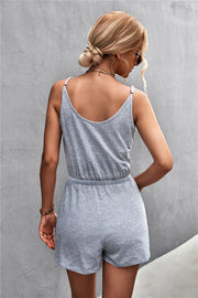 Slinky V-neck drawstring romper in Gray Dawn with adjustable straps and elastic waist.