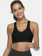 Black racerback sports bra with scoop neckline and wide band