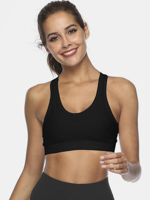 Black racerback sports bra with scoop neckline and wide band