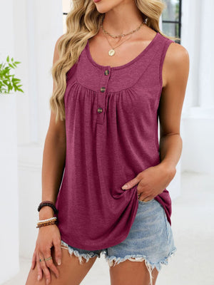 Wine red ruched tank top with button detail and curved hem