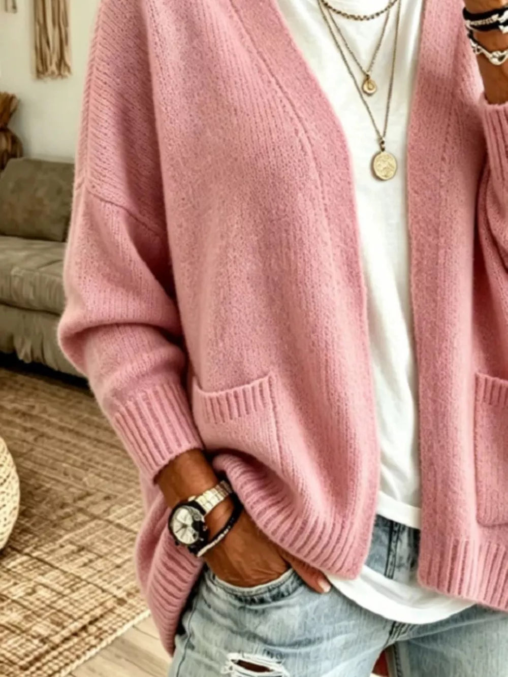Open Front Knit Cardigan With Pockets in Army Green, side view