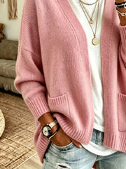 Open Front Knit Cardigan With Pockets in Army Green, side view