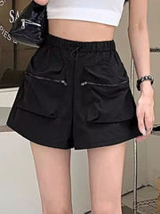 Black cargo shorts with adjustable drawstring and zippered pockets.