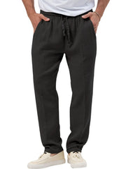 Black textured drawstring linen blend trousers with adjustable waist