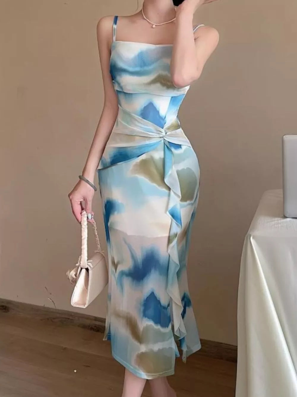 Abstract Watercolor Ruched Midi Dress in Yellow, side view