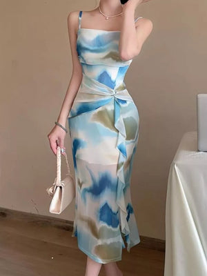 Abstract Watercolor Ruched Midi Dress in Yellow, side view