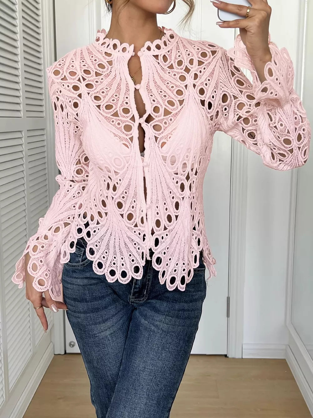 Pink lace button-up blouse with scalloped collar and bell sleeves