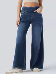 Maternity wide-leg jeans in dark blue denim with a comfortable elastic waistband and contrast stitching.