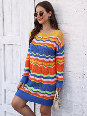Chevron stripe knit mini dress with a crochet detail and a colorful striped pattern.