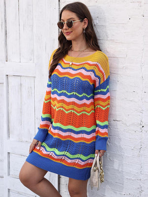 Chevron stripe knit mini dress with a crochet detail and a colorful striped pattern.