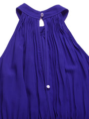 Halter neckline pleated jumpsuit in royal blue with keyhole and button detail.