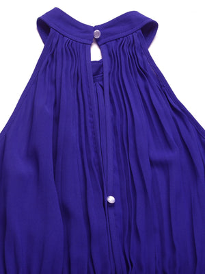 Halter neckline pleated jumpsuit in royal blue with keyhole and button detail.
