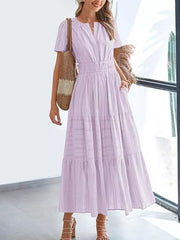 Light Blue Ruched V-neck Tiered Midi Dress with short sleeves and pockets.