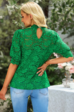 Green lace puff sleeve mock neck blouse with keyhole back detail