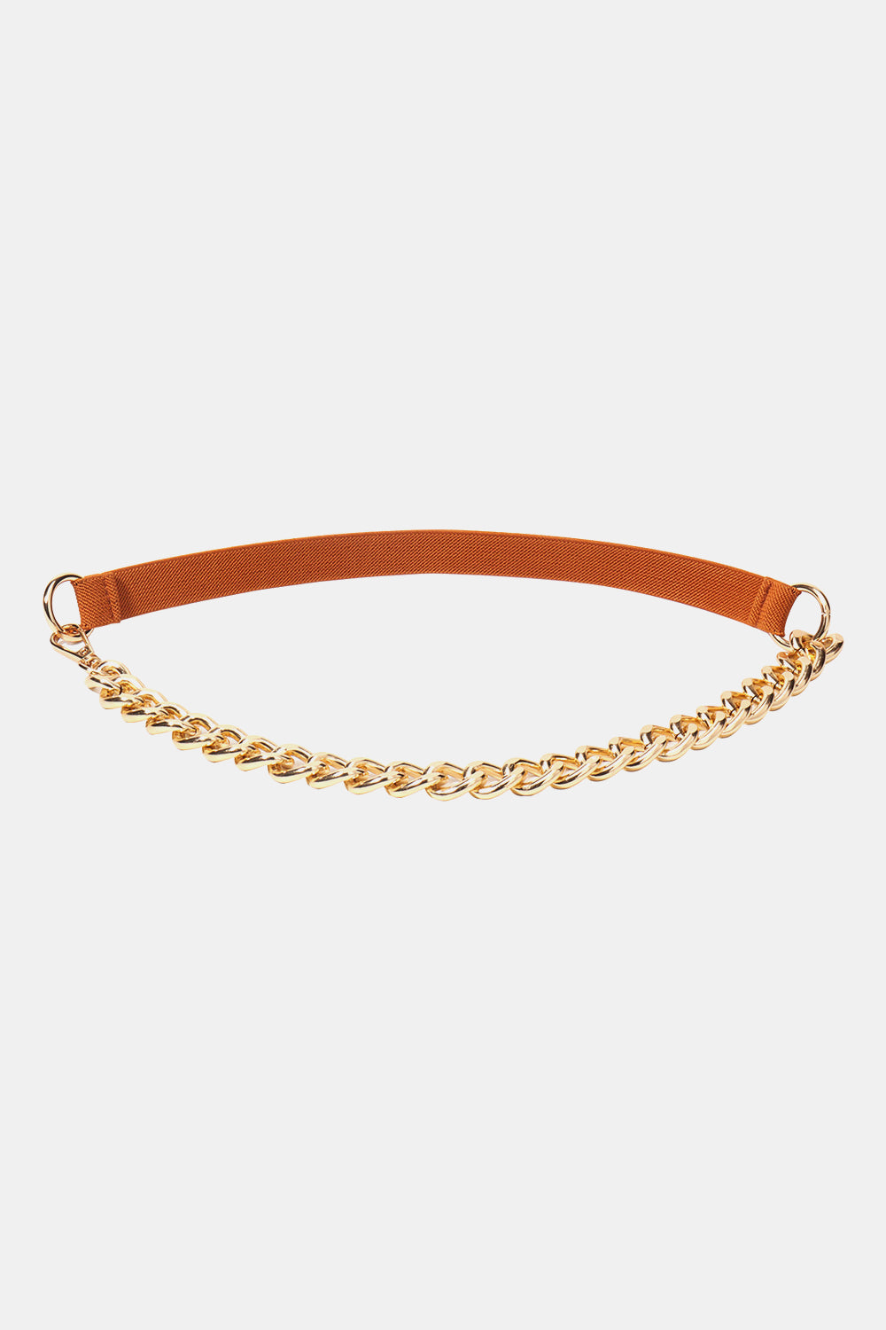 Brown elastic belt with gold chain detail and gold rings