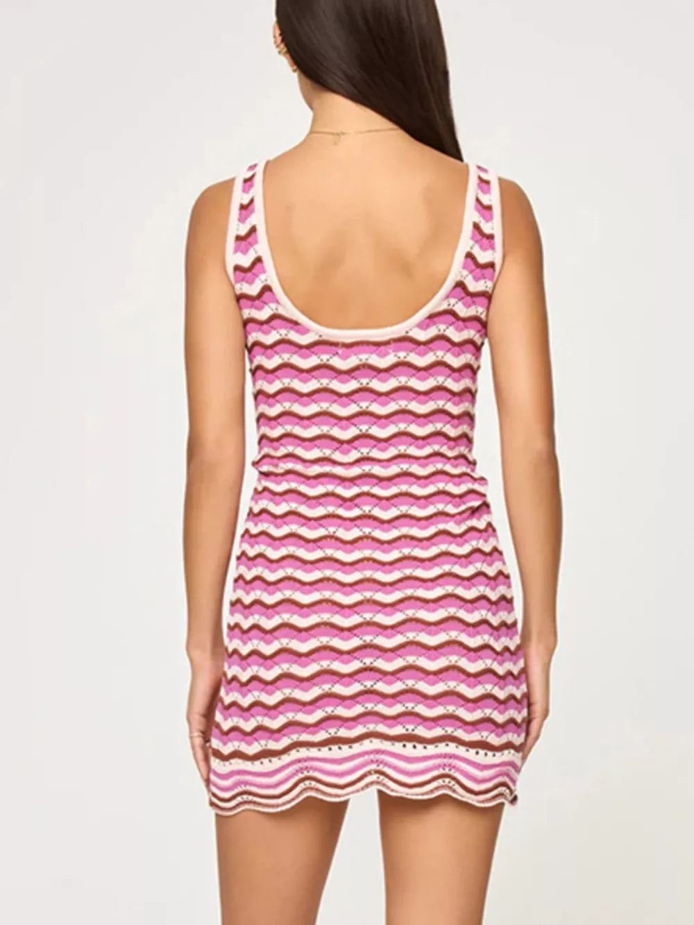 Openwork Chevron Knit Tank Dress in Fuchsia Pink, back view